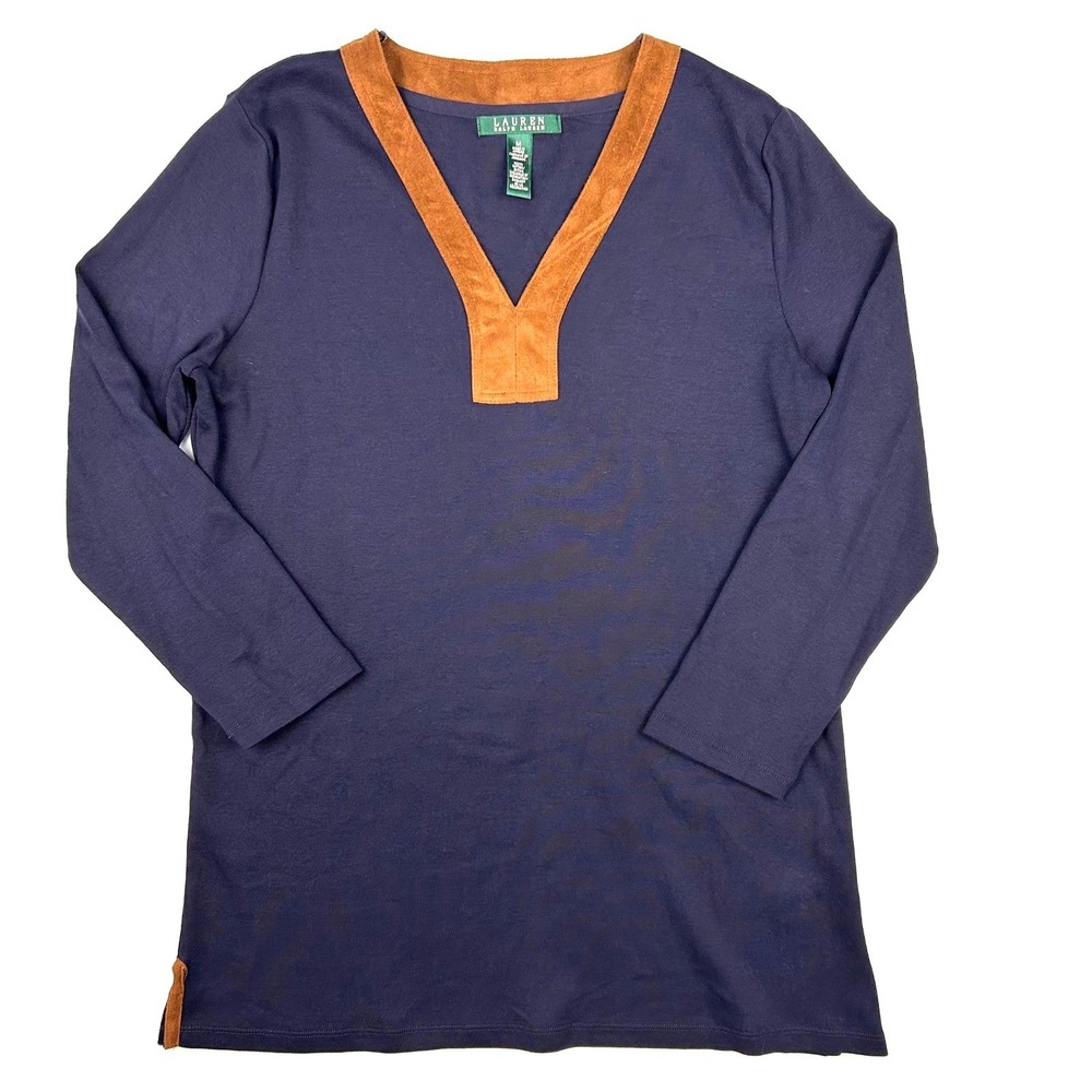 Lauren Ralph Lauren Navy Blue Cotton V-Neck Top Suede Trim Brown Size M
